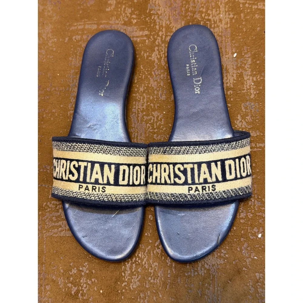 Christian Dior Dway Slide Sandals Navy Blue Embroidered Logo Flat Sandals 41